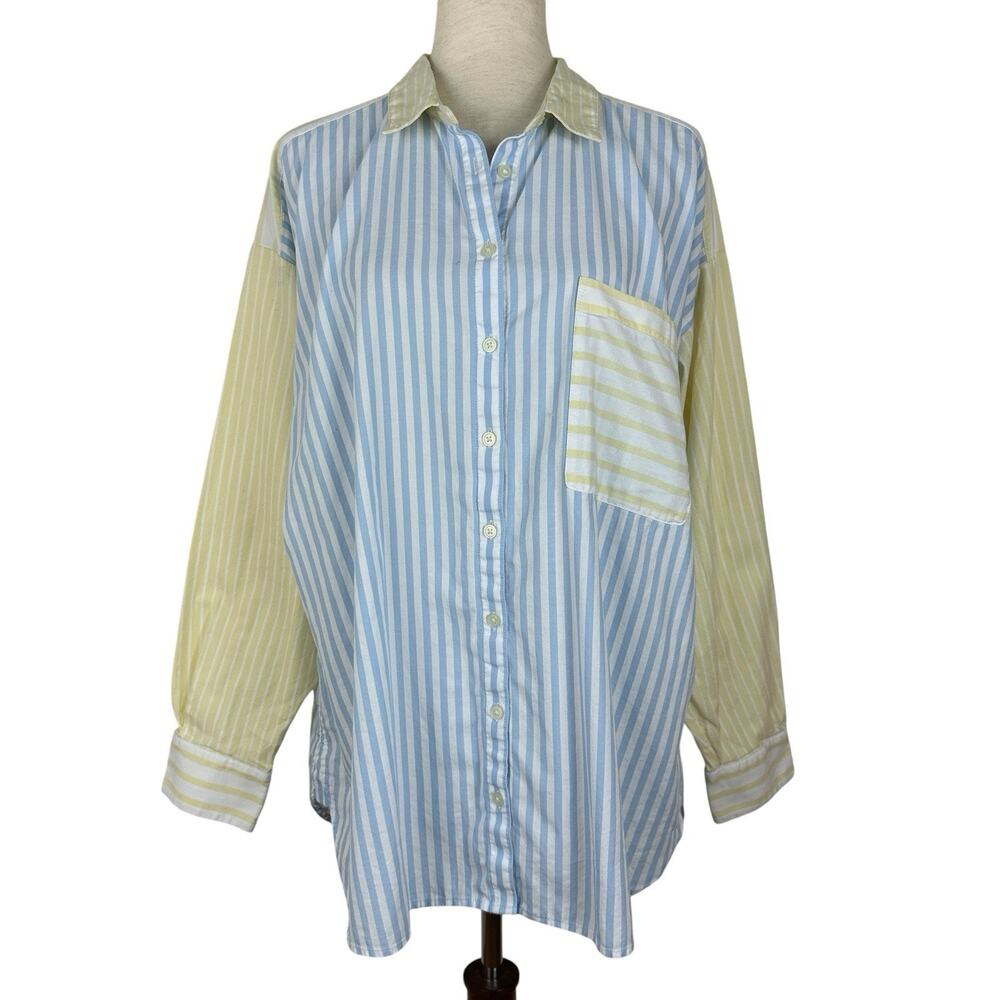 Loft Top Women XL Colorblock Mixed Stripe Button-Front Boyfriend Shirt Oversized